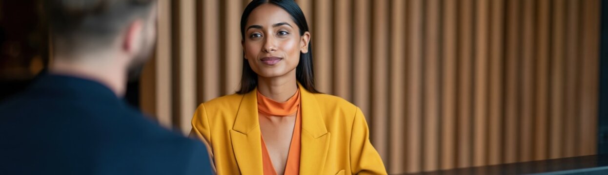 Professional woman in yellow blazer and orange blouse portrait for corporate meeting banner and executive interview background with vertical wooden slats and focused expression