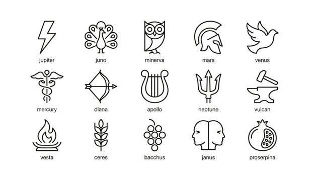 Roman deity symbols arranged in rows on white background