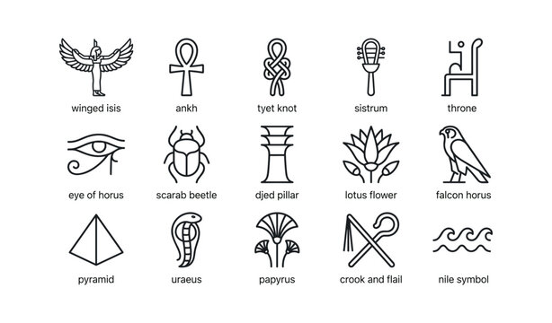 Ancient egyptian symbols arranged in grid on white background