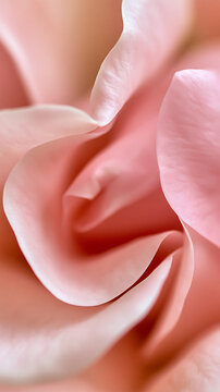 Soft pastel pink rose petals filling the frame, vertical floral background featuring delicate texture, romantic elegance and dreamy botanical beauty