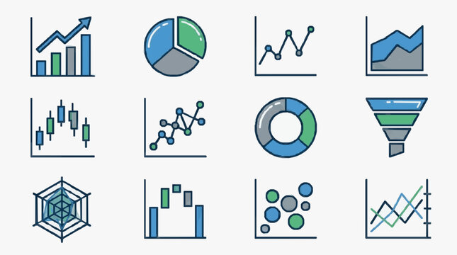 Dynamic Illustrated Collection of Data Visualization Charts and Graphs in Blue Green and Gray with high quality professional line art symbols for modern creative design and digital branding projects