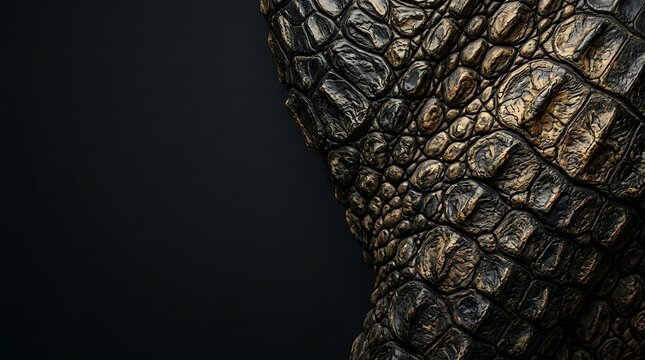 Macro view of detailed dark crocodile skin texture on black background