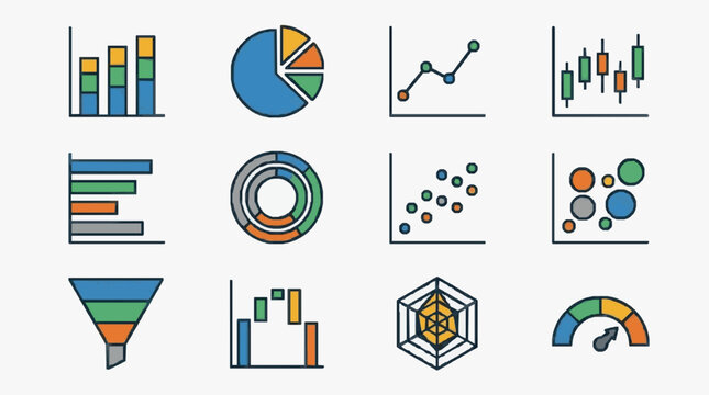 Elegant Collection of Colorful Data Visualization Icons Showcasing Bar Charts Pie Charts Line Graphs Candlesticks Funnels Scatter Plots Bubble Charts Radial Progress and 3D Graphs