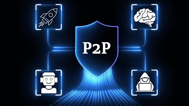 P2P Glowing neon Big Data and Digital Information Technology Background Futuristic Neon Shield with Data Security Concept Cloud Computing, AI, and Cyber Innovation 4k video animation ,