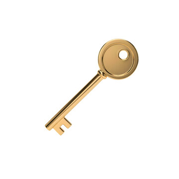 Large golden key with a shiny surface and two teeth on transparent background