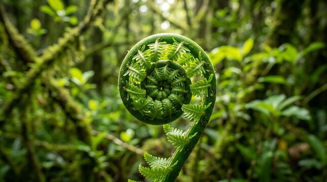 Green fern fiddlehead uncurling in a lush tropical forest