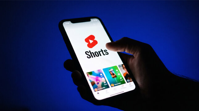 Close-up of a hand holding a smartphone displaying the YouTube Shorts logo and interface on screen against a dark blue background; representing social media trends, video content and mobile apps.