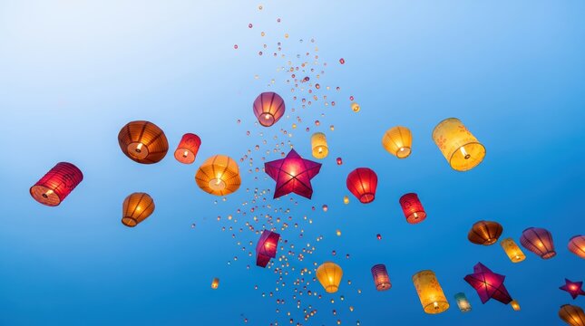 Colorful lanterns float peacefully in the clear blue evening sky with many stars