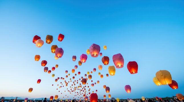 Many colorful lanterns fly high in the evening sky at dusk.
