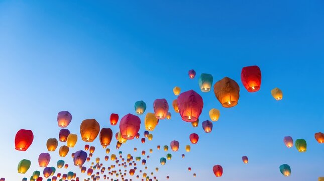 A group of colorful lanterns flies across a clear blue sky at dusk.