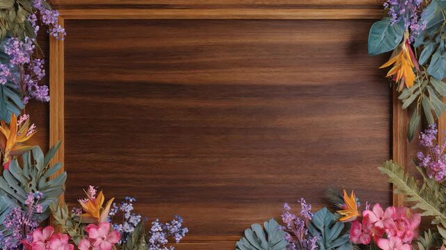 A rich wooden background bordered by colorful tropical flowers and foliage, offering a stylish and inviting look. Ideal for creative projects, event cards, or digital designs with a botanical theme
