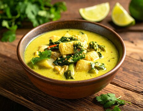 Indonesian spicy tofu and potato curry (gulai tahu kentang) with chili, coconut milk, and lime, served in a rustic bowl."