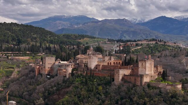 Granada, Spain- Alhambra Flyover and Sierra Nevada Mountains
