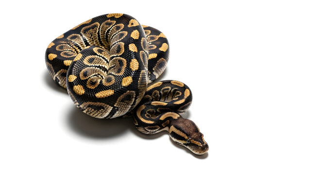Coiled ball python snake isolated on white background