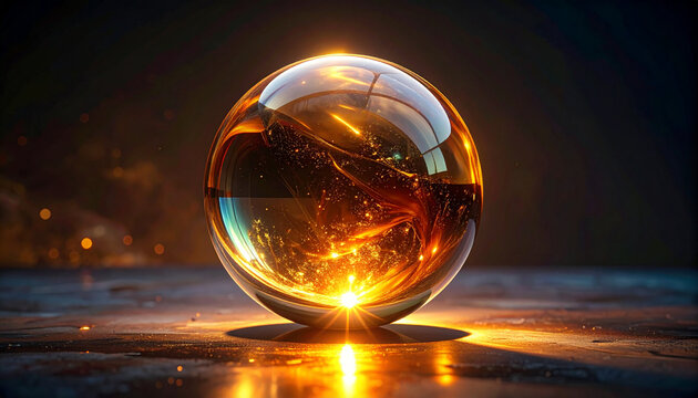 Glowing crystal sphere on reflective surface with golden light display
