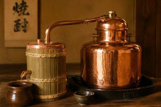 Polished copper and bamboo shochu pot still in warm rustic setting.