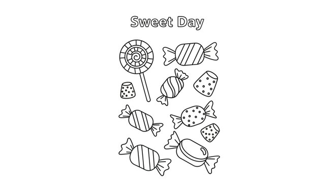 A black and white coloring page featuring various candies and a lollipop with the text Sweet Day.