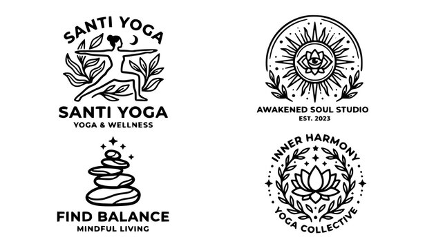 Modern bold line yoga icons collection featuring organic spa badges and wellness logo templates