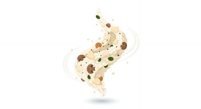 Flying rice with mushrooms and green herbs vector illustration, healthy organic meal ingredients isolated on white backg