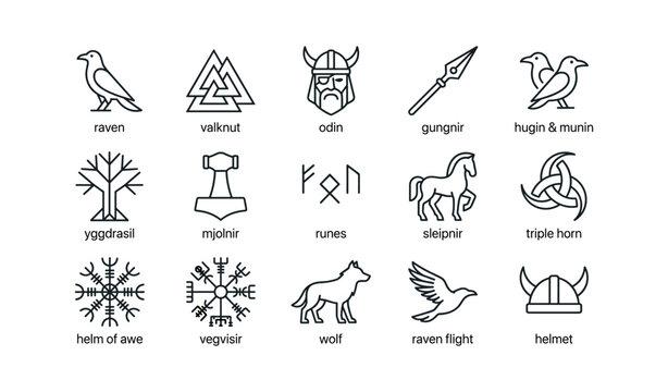 Norse mythology icons showing symbols and figures in grid