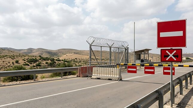 Road security checkpoint with closed barrier and no entry signs