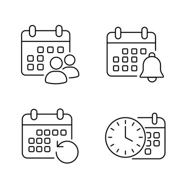 Set of calendar outline icons with clock, bell, and users. Time management linear vector symbols.