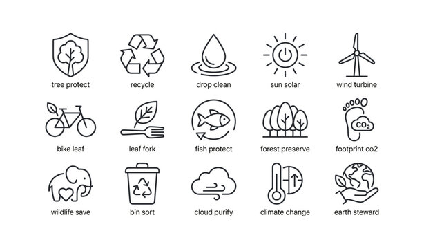 Environmental protection icons showing conservation and green actions