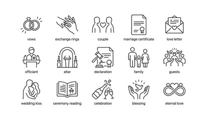 Fototapeta premium Wedding icons representing ceremony elements in grid layout