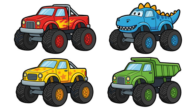 Cartoon monster truck set with colorful vehicle designs