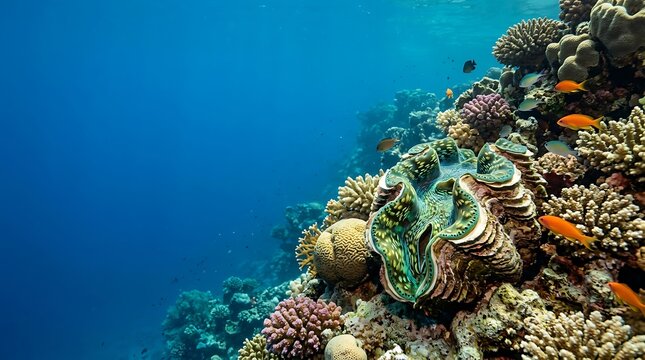 Vibrant giant clam resting on a healthy coral reef in tropical ocean