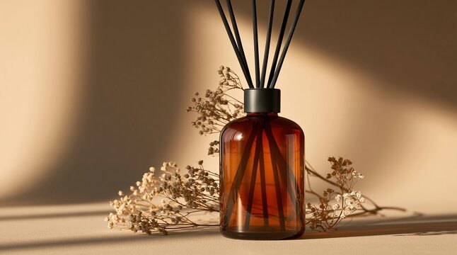 Scent diffuser bottle with dried flowers on wooden surface