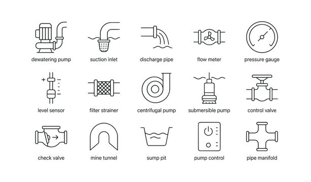Set of pump and piping icons arranged in grid layout