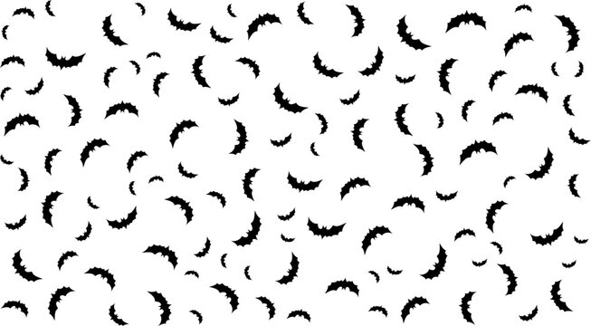 Halloween bat pattern background, black flying bats silhouettes on white, spooky animal vector wallpaper for holiday party decor