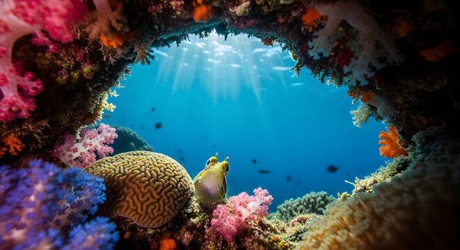 Small fish looking out from a colorful coral reef cave into blue ocean