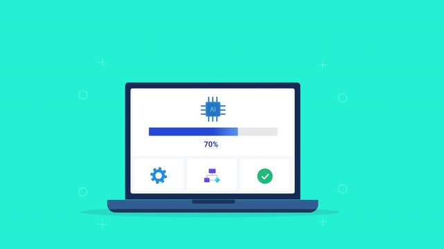 Modern flat vector animation of a laptop displaying a processor dashboard with chip icon, settings, status indicator, and progress bar. Ideal for computing, software, hardware, and web technology proj