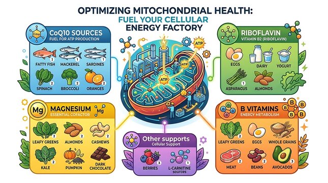 Infographic of foods and nutrients for cellular energy and health