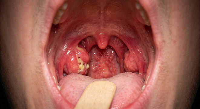 Close-up of severe tonsillitis with pus and inflammation during medical throat exam