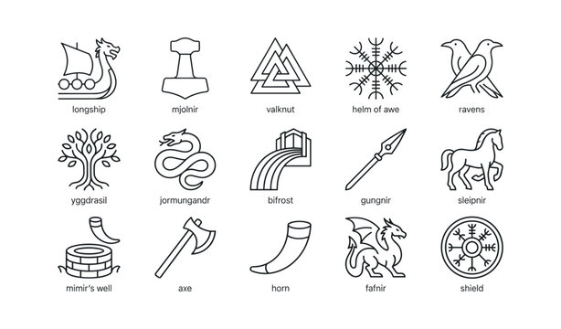 Norse mythology symbols and objects arranged in icon grid