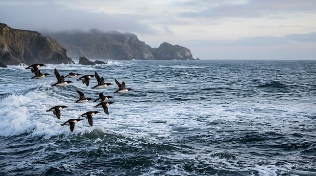 Flock of murres flying over rough ocean waves near rocky cliffs
