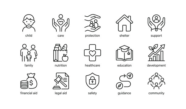 Child welfare icons showing services and support on white