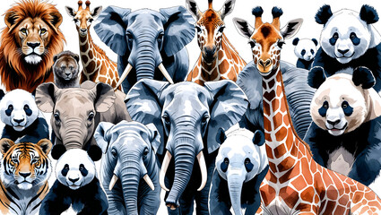 Obraz premium A Comprehensive illustration showing multiple zoo animals in collage style looks organized balanced and full of varied watercolor wildlife diversity energy generative AI