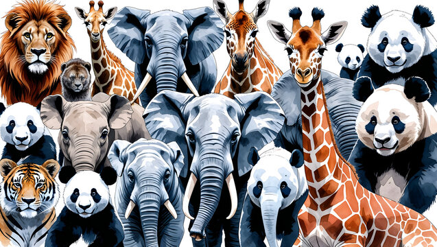 A Comprehensive illustration showing multiple zoo animals in collage style looks organized balanced and full of varied watercolor wildlife diversity energy generative AI