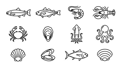 Obraz premium Seafood and marine animal outline icon set