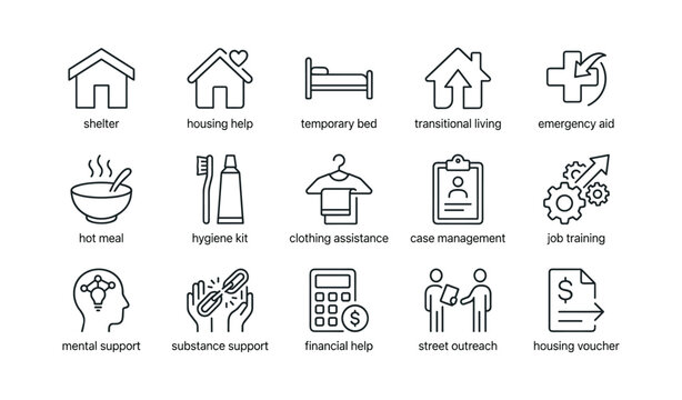 Homelessness support icons showing services, aid and housing help