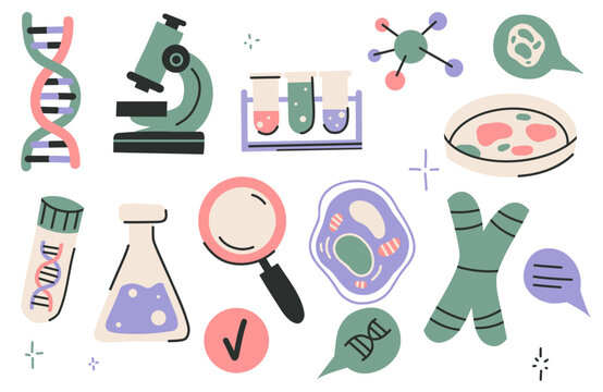 Vector clip art set depicting DNA research. Collection of illustrations depicting scientific research and exploration.