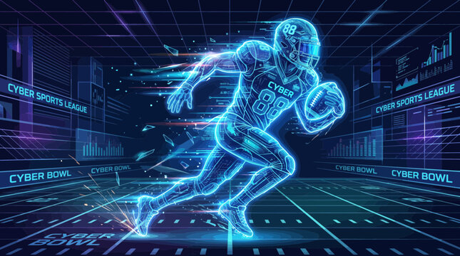 American football player runs with ball in cyber stadium during virtual game event