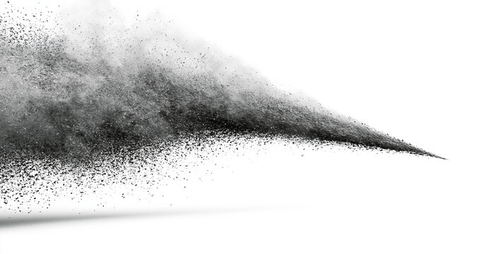 Black powder cloud on white background, abstract dust explosion PNG