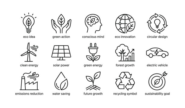 Sustainability and eco icons arranged in grid on white background