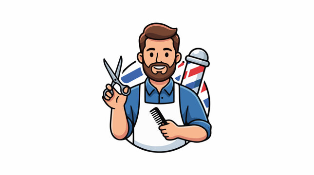 A cartoon barber with brown hair and a beard, wearing a white apron and blue shirt, holds scissors and a comb