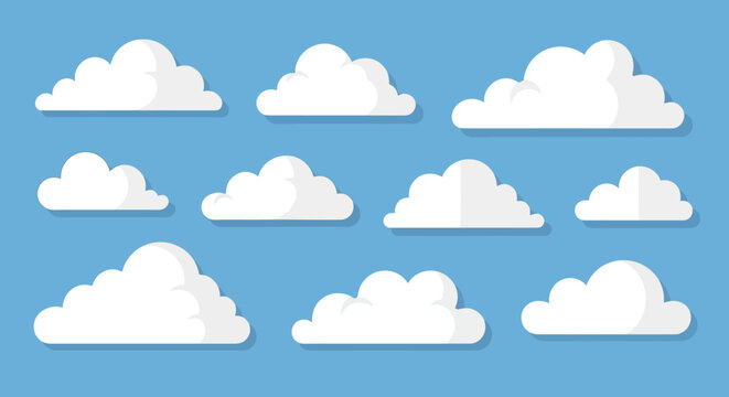 Collection of white fluffy cloud shapes.